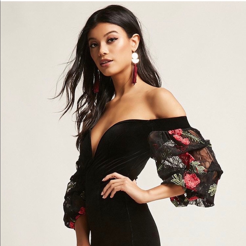 Black velvet off shoulder dress